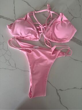 Pink Strappy Triangle Bikini Set Size Medium, thong bottom